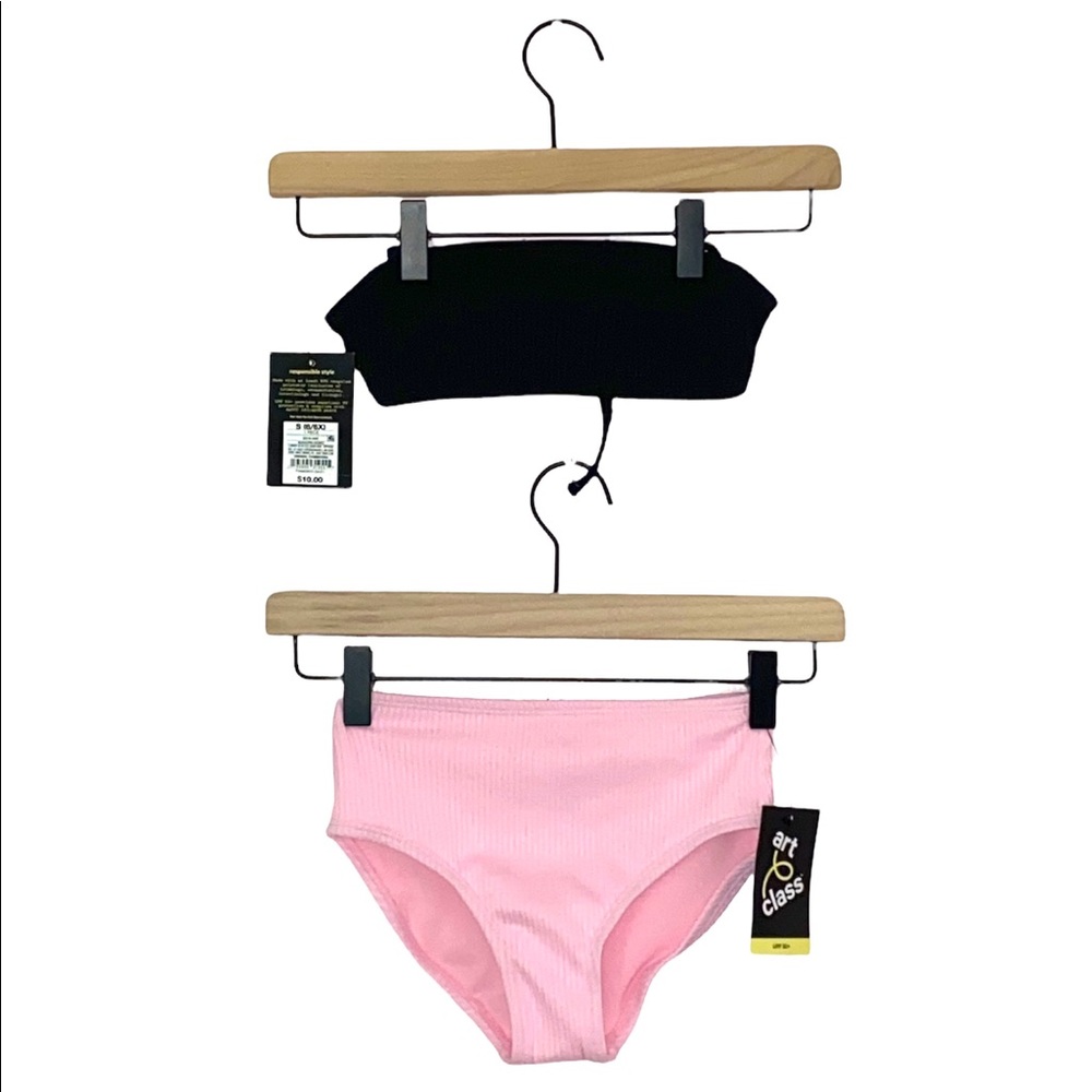 Girls Bandeau Ribbed Top & High Rise Hipster Ribbed Bottom Bikini Swim Set S